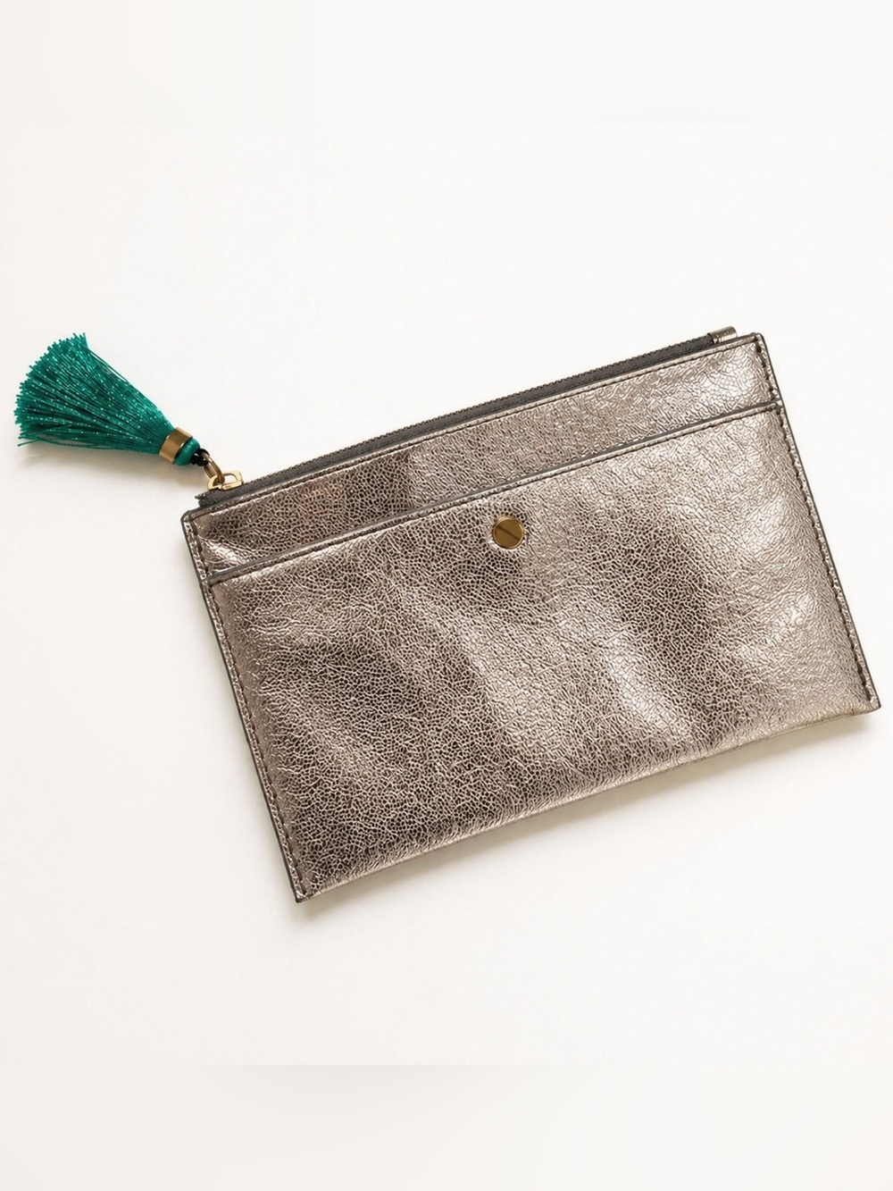 J. Crew Metallic Leather Clutch Champagne Gold Pewter Pouch Tassel Zip 💛